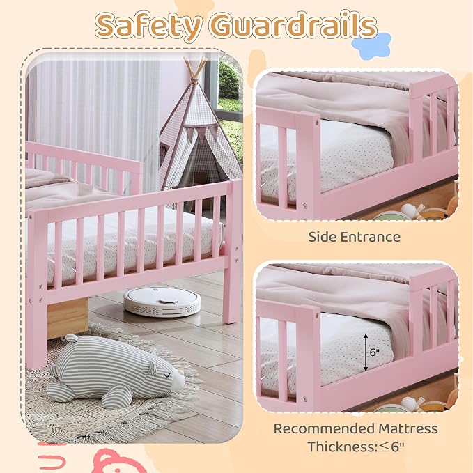 Kids Twin Size Bed Frame with Storage Drawers and Bookcase,Wood Twin Bed Frames for Kids,Twin Bed Frame with Headboard and Footboard for Boys Girls,No Box Spring Needed,Pink