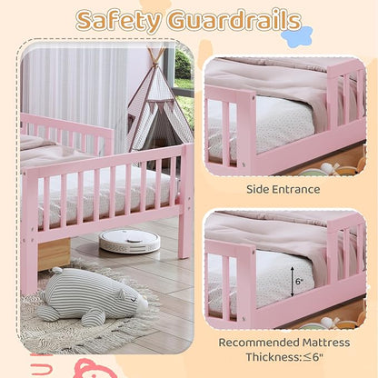Kids Twin Size Bed Frame with Storage Drawers and Bookcase,Wood Twin Bed Frames for Kids,Twin Bed Frame with Headboard and Footboard for Boys Girls,No Box Spring Needed,Pink