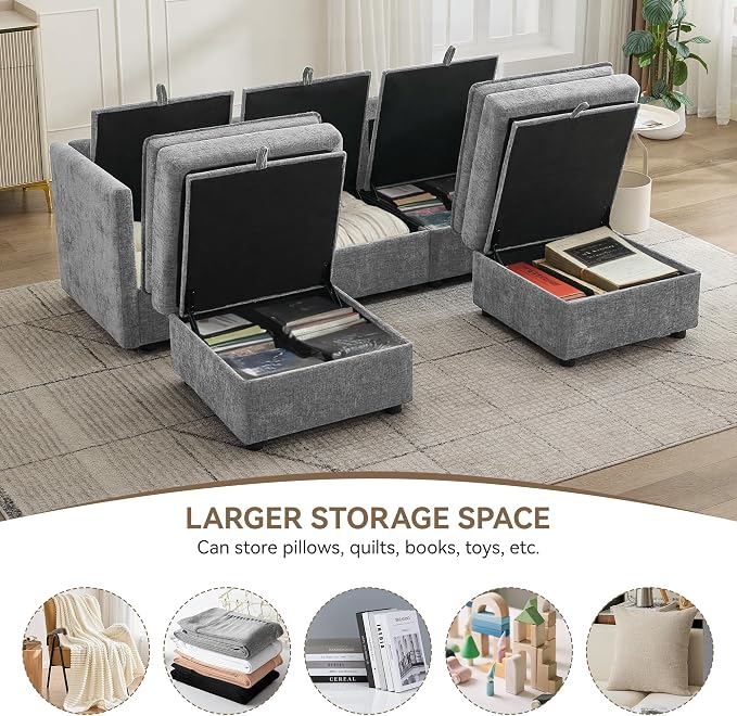 80" Cloud Modular 3 Seater Sofa with 2 Storage Ottoman, Modern Storage Sofa Couch Deep Seat, U Shape Sectional Sofa Chenille Comfy Couch with Armrests for Living Room, Small Space, Light Grey