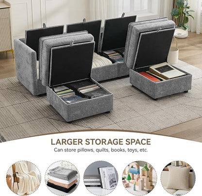 80" Cloud Modular 3 Seater Sofa with 2 Storage Ottoman, Modern Storage Sofa Couch Deep Seat, U Shape Sectional Sofa Chenille Comfy Couch with Armrests for Living Room, Small Space, Light Grey