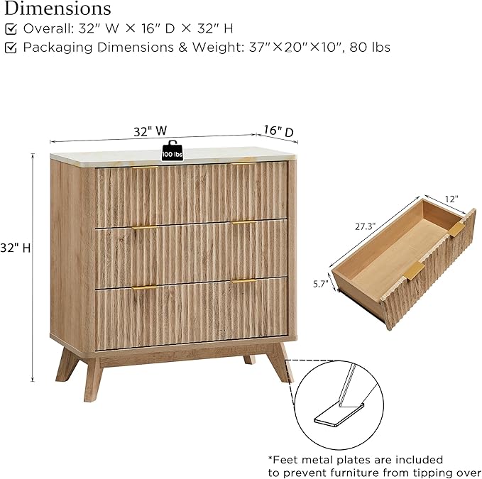 T4TREAM Fluted 3 Drawers Nightstand, Oversized Extra Large Modern Side Table with Faux Marble Top, End Table Bedside for Bedroom, Living Room, Curved Profile Design, Natural Oak