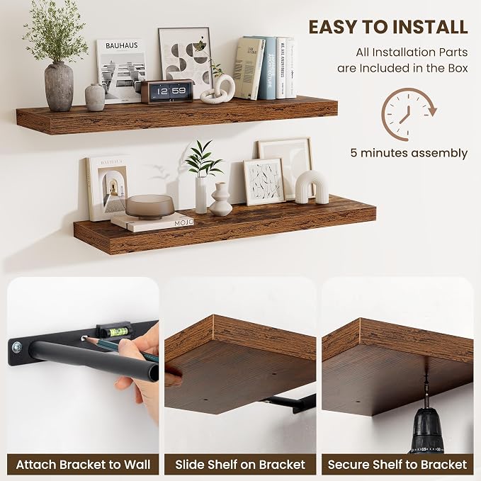 Fun Memories 24 Inch Floating Shelves Wall-Mounted, 10 Inch Deep Wall Shelves, 24 x 10 Floating Shelf for Living Room Bathroom Bedroom, Rustic Brown, Set of 2