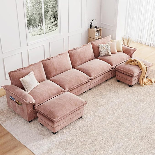 KKL U-Shaped Modular Sectional Sofa, 6 Seater Cloud Couch with Ottoman, Chenille Sectional Couches for Living Room, Apartment, Pink
