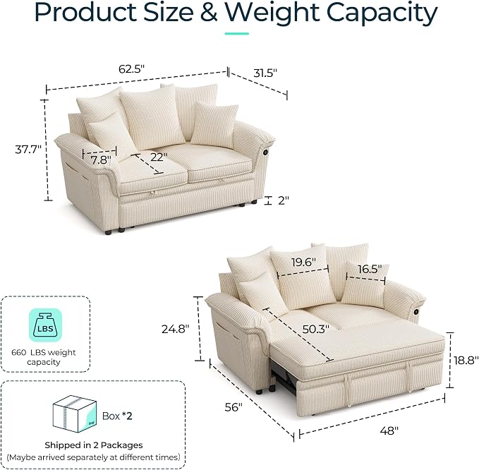 LINSY HOME Sectional Loveseat Sofa with Pull Out Chaise (Beige, 62.5'') | USB Charging