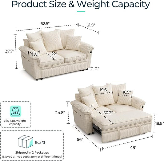 LINSY HOME Sectional Loveseat Sofa with Pull Out Chaise (Beige, 62.5'') | USB Charging