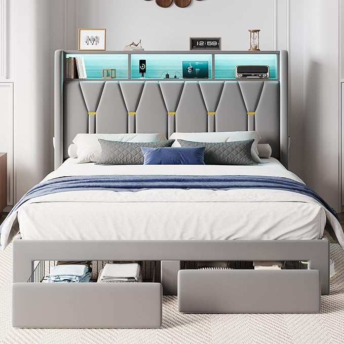 SHA CERLIN Queen Velvet Platform Bed Frame with 2 Storage Drawers, LED Storage Headboard with Charging Station, Upholstered Wingback Headboard, Noise-Free, No Box Spring Needed, Easy Assembly, Grey
