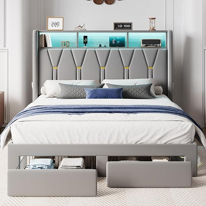 SHA CERLIN Queen Velvet Platform Bed Frame with 2 Storage Drawers, LED Storage Headboard with Charging Station, Upholstered Wingback Headboard, Noise-Free, No Box Spring Needed, Easy Assembly, Grey