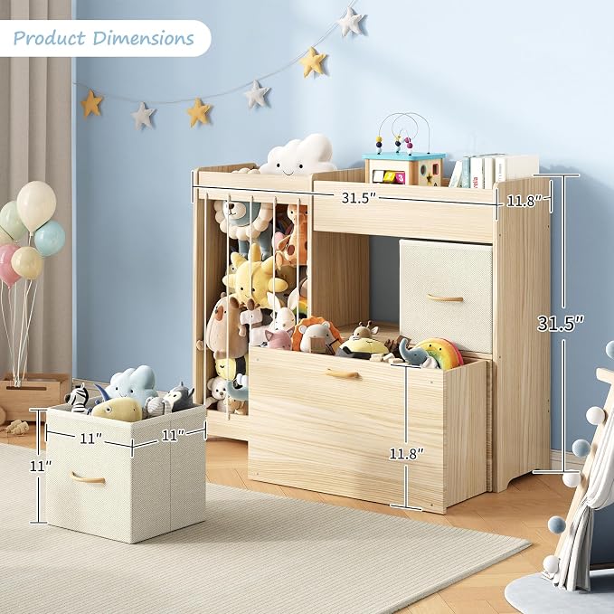 EXPERLAM Toy Storage Organizer with Stuffed Animal Holder, Solid Wood Kids Toy Shelf with 2 Drawers, Rolling Toy Chest and Top Rack, Plush Toy Storage for Bedroom, Playroom, Nursery