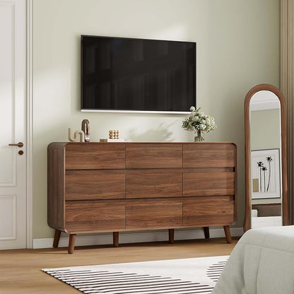 Nasonet Dresser and Nightstand Sets 3 Piece, Mid Century Modern 9 Drawer Dresser and 2 Drawer Night Stand Set 2, Wooden Chest of Drawers Bedroom Furniture Set, Walnut