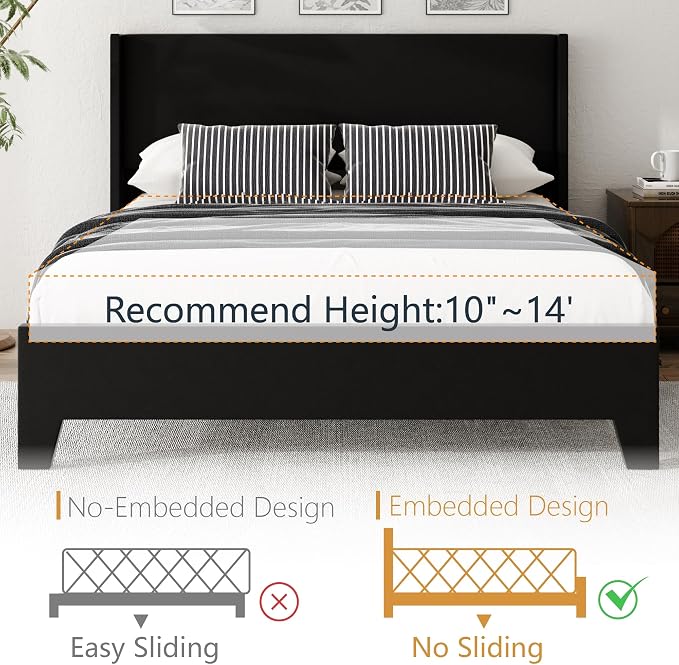 King Bed Frame with Faux Leather Upholstered Headboard, Wear-Resistant, Easy Clean, Mattress Foundation, No Box Spring Required, Easy Assembly, Black