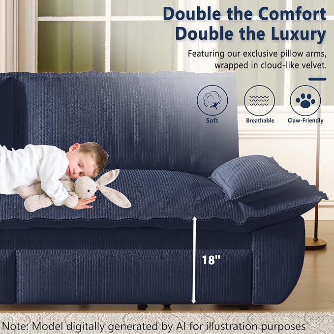 73.2" Sofa Bed Queen Size, Pull Out Couch Bed, 3-in-1 Convertible Sleeper Sofa with Cushion Armrest, Modern Corduroy Futon Couch for Living Room, Small Space, Apartment, Bedroom, Dark Blue