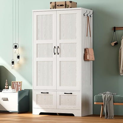 ANCTOR Armoire Wardrobe Closet, 71" H Wooden Clothing Storage Cabinet with 2 Doors and 2 Drawers, Bedroom Freestanding Wardrobe Combination with Hanging Rod and Shelves, White