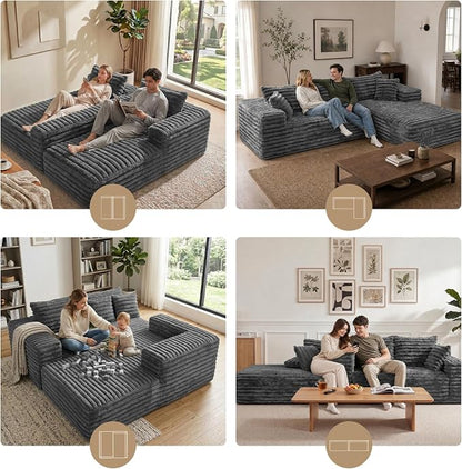 Cloud Sectional Couch with L-Shape Chaise,Modern Modular Sofa with Deep Seat, Upholstered Couches with Right Facing Chaise for Living Room Bedroom, No Assembly Required, Grey (Plush Corduroy Fabric) | 102.4" Modular Sectional Sofa, Cloud Couch Sectiona...