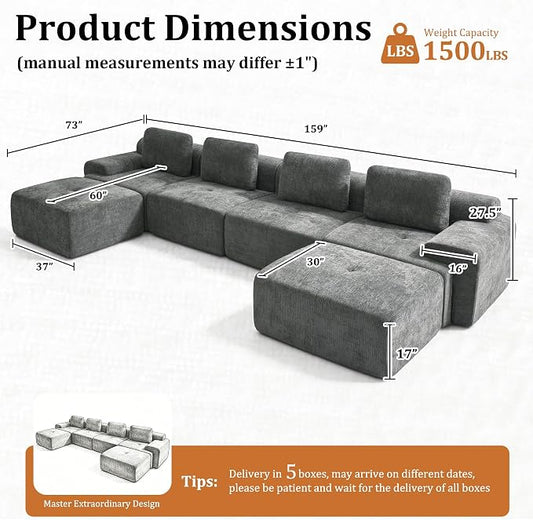 159" U-Shaped Modular Sectional Sofa, Oversized Boneless Cloud Couch for Living Room with Extra Deep Seat & High Back, Tool-Free No Assembly, Soft Chenille (Dark Grey, 159 inch-U Shaped（4+2）)