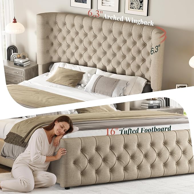 Jocisland King Size Upholstered Bed Frame with 6.3-Inch Curved Wingback Headboard, Tufted Footboard, Wood Slats, No Box Spring Needed, Khaki Linen