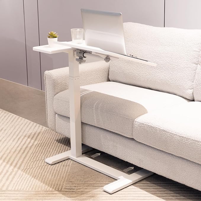 Adjustable Overbed Bedside Table with Hidden Wheels, Pneumatic Tilt Board Rolling Laptop Standing Desk Cart, Mobile Over Bed Sofa Chair Side End Tables, Walnut (White)