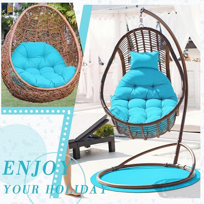 Tudomro Waterproof Egg Chair Cushion with Pillow Filling 2.58 kg Replacement Rocking Wicker Chair Cushion 48" x 32" High Back Hanging Swing Hammock Pad Thicken for Outdoor Patio Garden(Lake Blue)