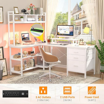 Aheaplus L Shaped Gaming Desk with Hutch, Gaming Desk with Led Lights, Reversible Computer Desk with Power Outlet, Corner Desk with File Drawer & Monitor Stand, Storage Shelves for Home Office, White