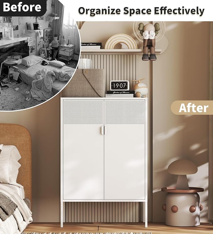White Metal Storage Cabinet with 2 Doors - 47''H Locker Cabinet, 3 Tier Locker Door with Adjustable Shelves,Metal Sideboard for Home, Living Room,Office Kitchen and Bathroom