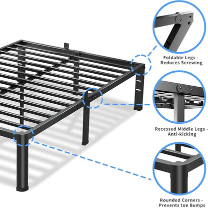 VIPSHOW 20 Inch Queen Bed Frame, 3500Lbs Heavy Duty Metal Platform with Round Corner Legs Mattress Slide Stopper, Steel Slat Support No Box Spring Needed, Noise Free, Non-Slip, Easy Assembly