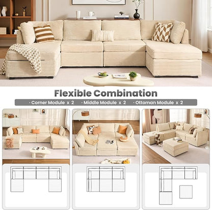 ovios Modular Sectional Sofa Couch with U-Shape Chaise Ottomans, Comfy Plush Corduroy Cloud Couches, Modern Luxury Deep Seat Sofas Set for Living Room, 6-Seater, Beige