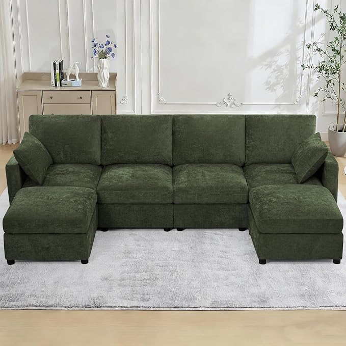 110” Chenille 4-Seats Sofa W/Two Movable Ottomans, Green | Modern Fabric U-Shaped Couch w/Soft Backrests, Upholstered Sectional Sofa w/Arm Pillows for Living Room, Office