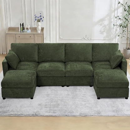 110” Chenille 4-Seats Sofa W/Two Movable Ottomans, Green | Modern Fabric U-Shaped Couch w/Soft Backrests, Upholstered Sectional Sofa w/Arm Pillows for Living Room, Office