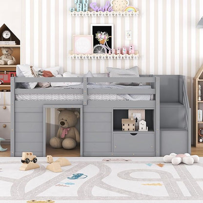Bellemave Twin Size Low loft Bed for Kids,Wood Loft Beds,Modern Farmhouse Twin loft Bed,Loft Bed with Storage, No Box Spring Needed,for Kids,Gray
