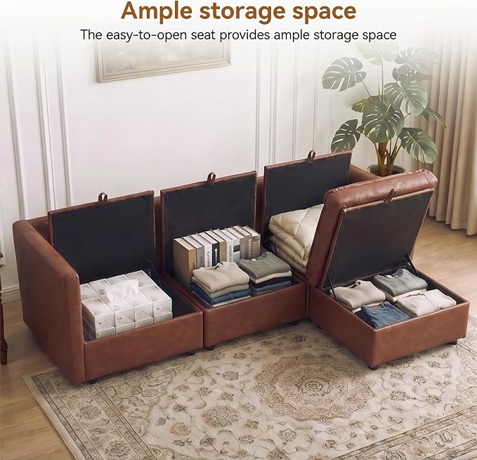 80" Brown Faux Leather Storage 3 Seater Sofa with Ottoman, Comfy Couch | Convertible Modular Sectional Sofa, L Shaped Oversized Couch, Upholstered Large Cloud Couch For Living Room, Apartment.