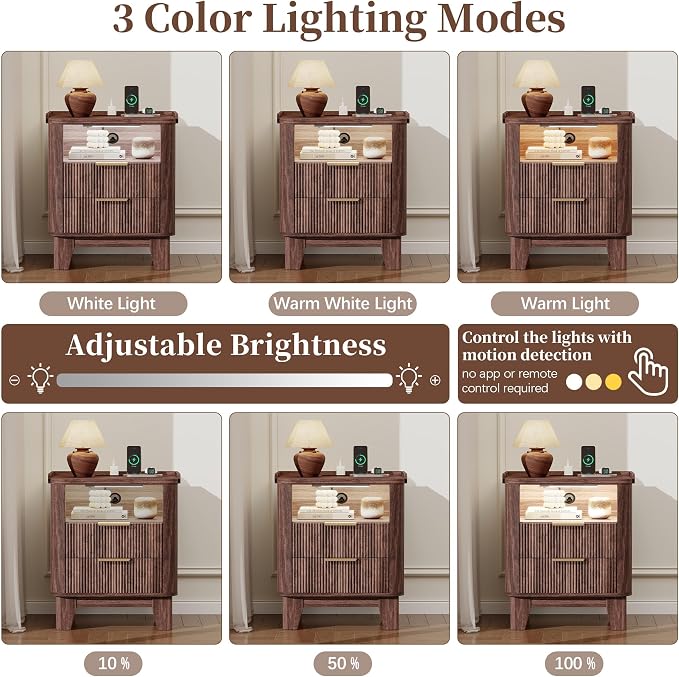 Baoz Walnut Fluted Nightstand with Charging Station & 2 Wooden Drawers | 20" Wide Mid Century Modern Bedside Table Wood Curved Profile Design 27in Tall LED Night Stand