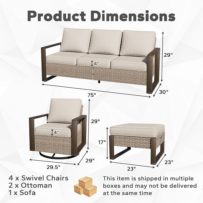 Outdoor Patio Swivel Rocker Chairs, 5 Pieces Wicker Furniture Set, 2 Swivel Rocking Chairs, 1 Sofa and 2 Ottoman, Metal Wide Armrest, Thick Cushions and Deep Seating for Garden, Backyard, Porch, Deck