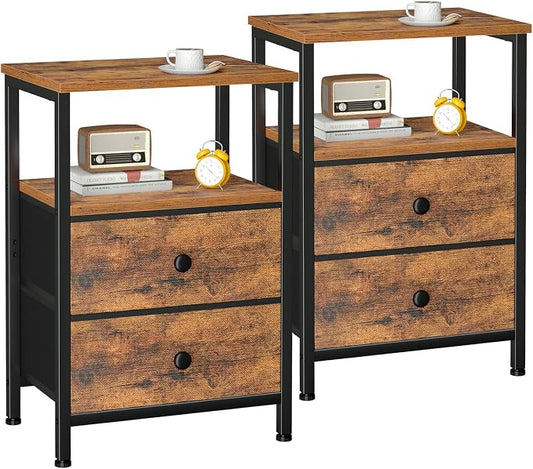 LOAKEKEL Nightstands Set of 2, Night Stand with 2 Fabric Drawers, Bed Side Table with Open Storage Shelf for Bedroom, Small End Tables Living Room, Rustic Brown, HETS002BR