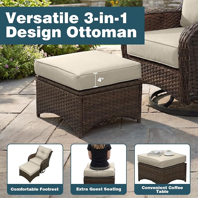 Patio Furniture Set, 7PCS Outdoor Wicker Conversation Set with 6" Thick Cushions, High Back Rattan Sofa & Swivel Rocker Chairs, Weather Resistant Olefin Fabric for Garden, Poolside, Beige