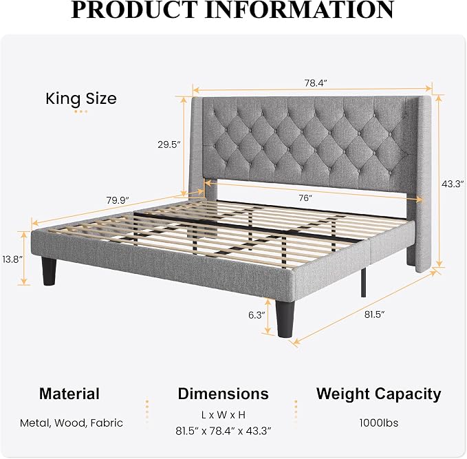 SHA CERLIN King Size Upholstered Platform Bed Frame with Wingback Headboard, Tufted Linen Fabric, Wooden Slats Support, Easy Assembly, Light Grey