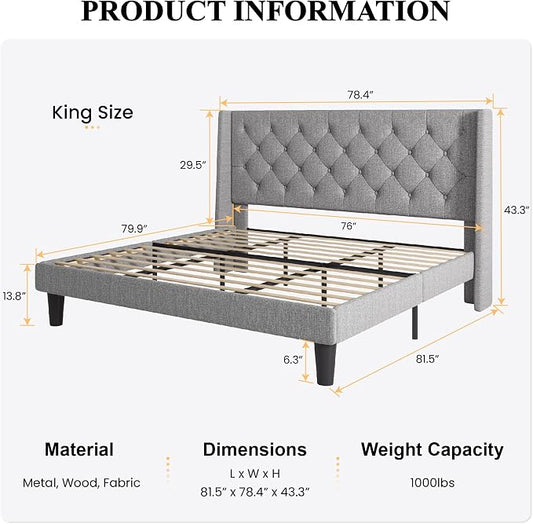 SHA CERLIN King Size Upholstered Platform Bed Frame with Wingback Headboard, Tufted Linen Fabric, Wooden Slats Support, Easy Assembly, Light Grey