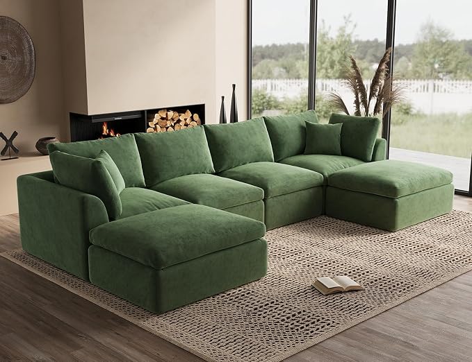 ohllob 140" U Shaped Couch, Cloud Sectional Couches for Living Room, Boneless Couch with Ottoman, Oversized 4 Seater Modular Sectional Sofa, Green