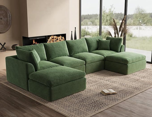 ohllob 140" U Shaped Couch, Cloud Sectional Couches for Living Room, Boneless Couch with Ottoman, Oversized 4 Seater Modular Sectional Sofa, Green