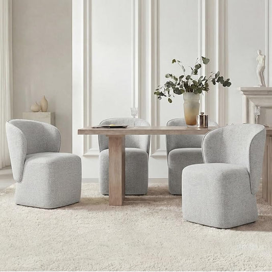 KISLOT Upholstered Dining Chairs with Wheels, No Assembly Stain Resistant Fabric Modern Barrel Armchair with Casters, Dining Room Chairs for Kitchen Living Room Bedroom, Light Grey, Set of 4