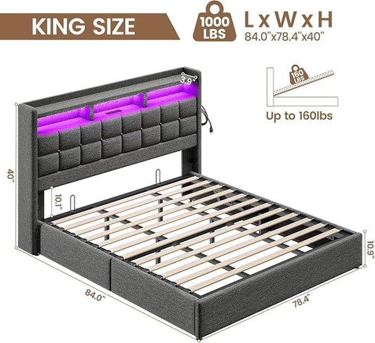 Driftalia Lift Up King Size Bed Frame with Storage, Upholstered King Bed Frame with Charging Station and LED Lights Headboard, No Box Spring Needed, Easy Assembly - Dark Grey
