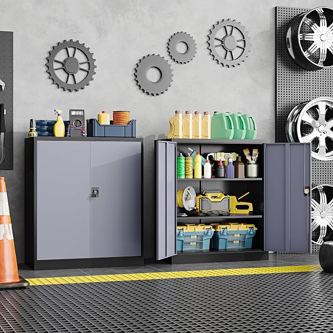 Metal Storage Cabinet,Locking File Cabinet with Doors and Adjustbale Shelves,Tool Steel Cabinets for Garage,Home Office,School,Gym(Grey & Black)