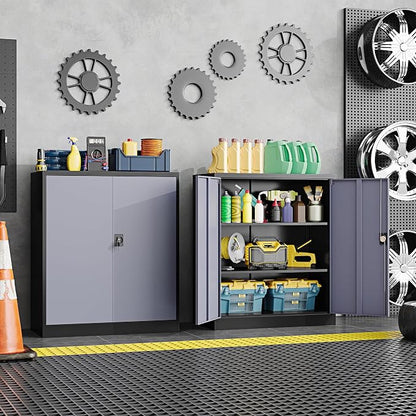 Metal Storage Cabinet,Locking File Cabinet with Doors and Adjustbale Shelves,Tool Steel Cabinets for Garage,Home Office,School,Gym(Grey & Black)