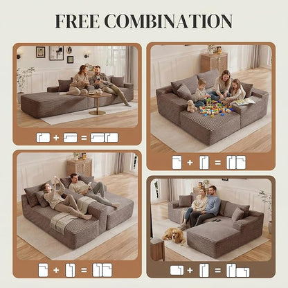 95" L Shaped Cloud Boneless Sectional Couches for Living Room, Modern Comfy Modular Deep Seat Memory Foam Compressed Corduroy Sofa Oversized Right Facing Chaise, No Assembly Required, Brown