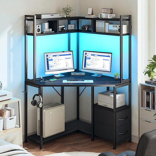 DurayLoly 63" Triangular Corner Desk with Hutch,Ample Storage for Small Room,Spacious 36" W Desktop,2 Fabric Drawers and Bottom Wooden Shelves,Versatile Computer Desk that Meets All Your Needs,Black