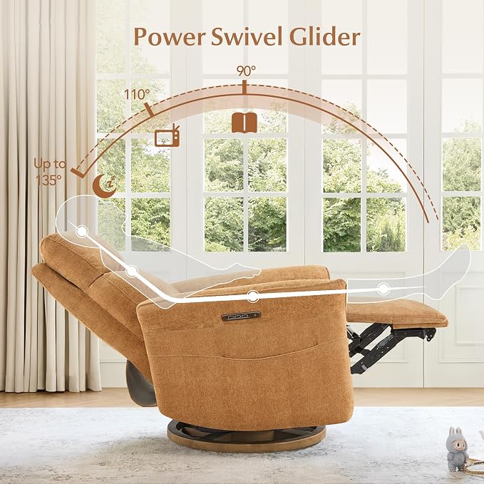 CHITA Power Recliner Chair, Electric Triple-Motor Swivel Glider Nursery Rocking Chair with Adjustable Power Headrest and Lumbar Support, GREENGARD Gold Certified, Solid Wood Base, Cognac