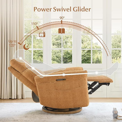 CHITA Power Recliner Chair, Electric Triple-Motor Swivel Glider Nursery Rocking Chair with Adjustable Power Headrest and Lumbar Support, GREENGARD Gold Certified, Solid Wood Base, Cognac