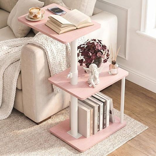 Faesun Swivel Side Table for Couch Arm, Adjustable C End Table for Recliner or Bed, Tv Trays with Storage Shelf for Small Spaces Small Nightstand Table for Living Room, Bedroom，Pink