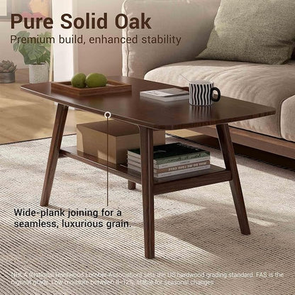 100% Solid Wood Coffee Table for Living Room, 39.37" Mid Century Modern Tables with Shelf Storage, 2-Tier Coffee Table with Rounded Corners (Oak Wood Walnut Color, 39.37" L)