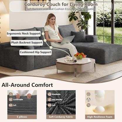 95" Cloud Sectional Couch with L-Shape Chaise, Modular Comfy Sofa Chaise Longue, Upholstered Corduroy Couches Sleeper with Deep Seat for Living Room Bedroom, No Assembly Required(Grey, Right Facing)