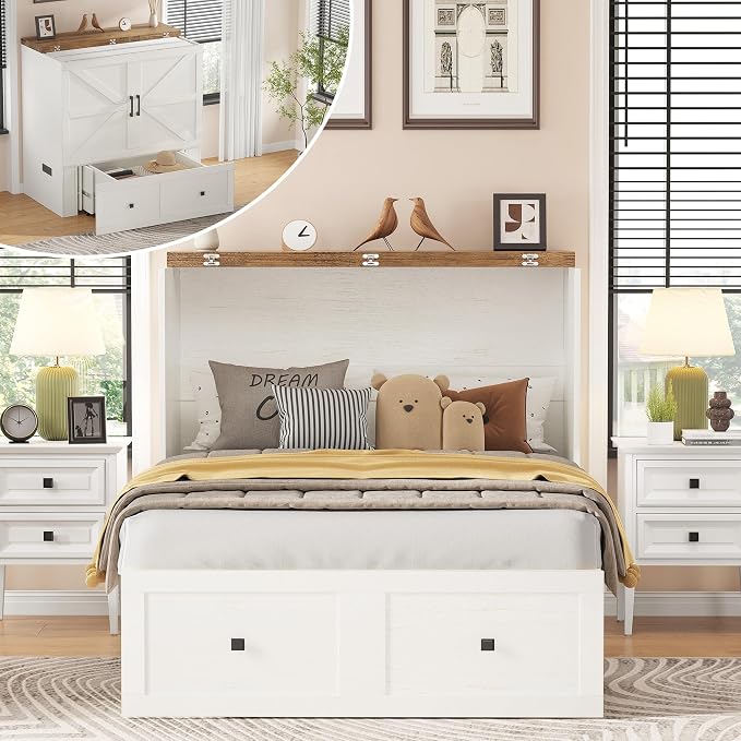 AMERLIFE Twin Murphy Bed Cabinet with Charging Station and Storage Drawer, Farmhouse Foldable Platform Bed for Home Office, Apartment, Small Spaces, Distressed White