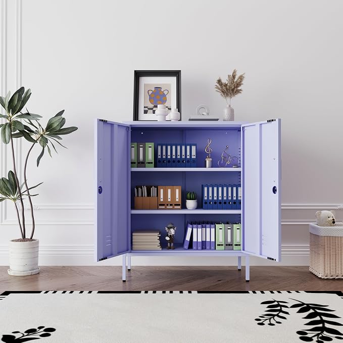 Purple 3 Tier Metal Storage Cabinet with Legs, Lockable 2 Door Metal Locker, Heavy Duty Multipurpose Accent Storage Cabinet with 2 Adjustable Shelves for Home, Office, Entryway and Hallway